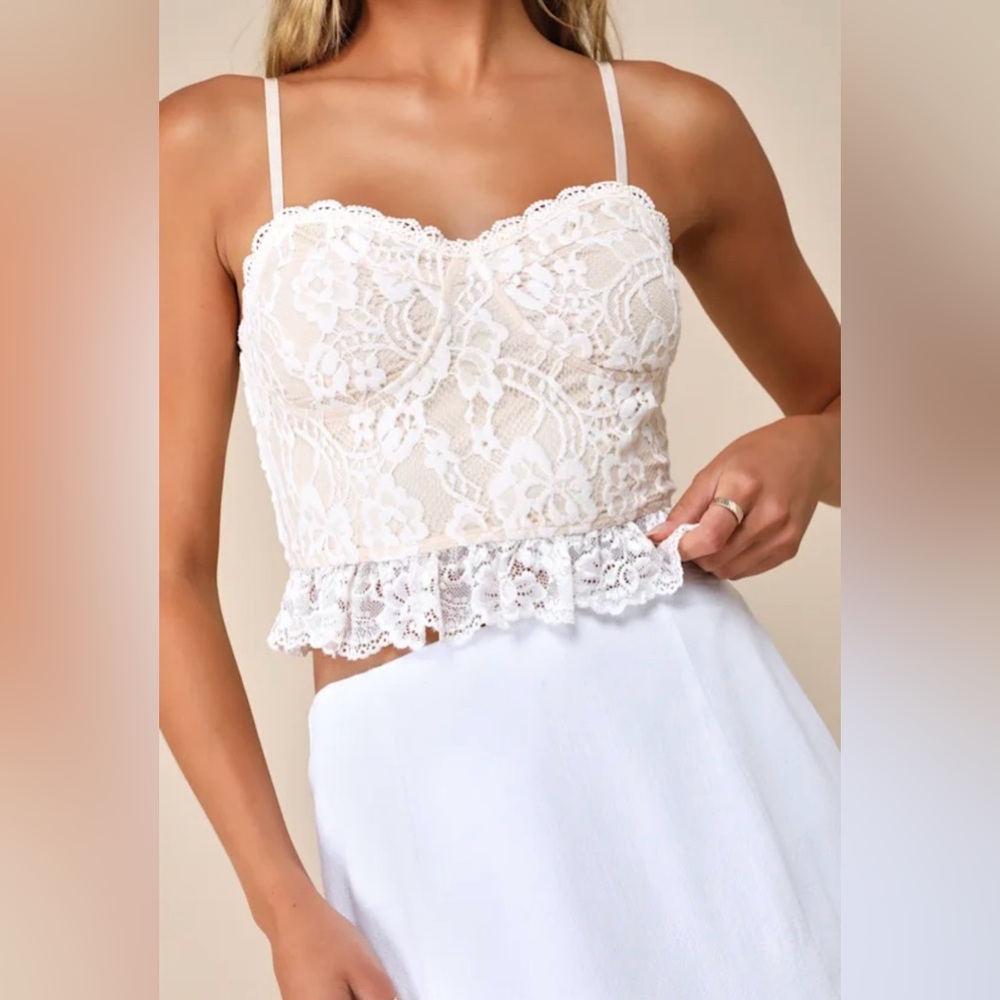 Lulus - Sensational Flirty White and Beige Lace Bustier Cami Top - S